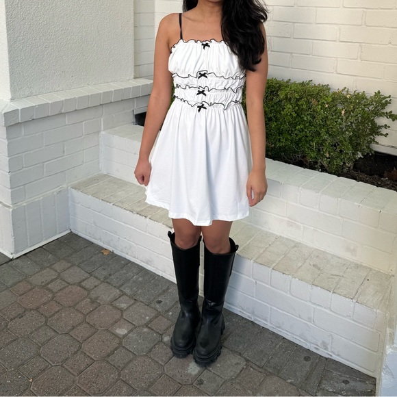 Cute Bow Front Lettuce Trim Ruched Bust Frill Trim Cami Dress - Picture 3 of 6